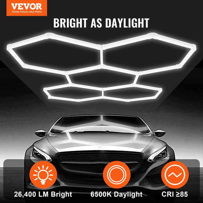 VEVOR Hexagon Garage Lights, 26400LM, 6500K 5 Grid Systems Honeycomb Hexagonal Garage LED Lights, DIY Cool White Car Detailing Garage Ceiling Lighting Bright Shop Light for Gym Basement Workshop