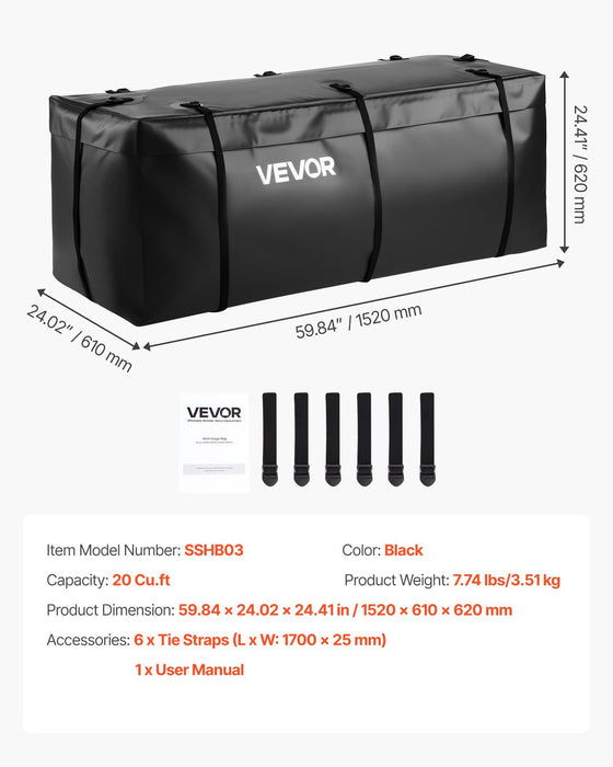 Hitch Cargo Carrier Bag, Waterproof 840D PVC, 152 x 61 x 62 cm (20 Cubic Feet), Heavy Duty Cargo Bag for Truck Bed Storage with 6 Reinforced Straps, Suitable for Car SUV Vans Hitch Basket