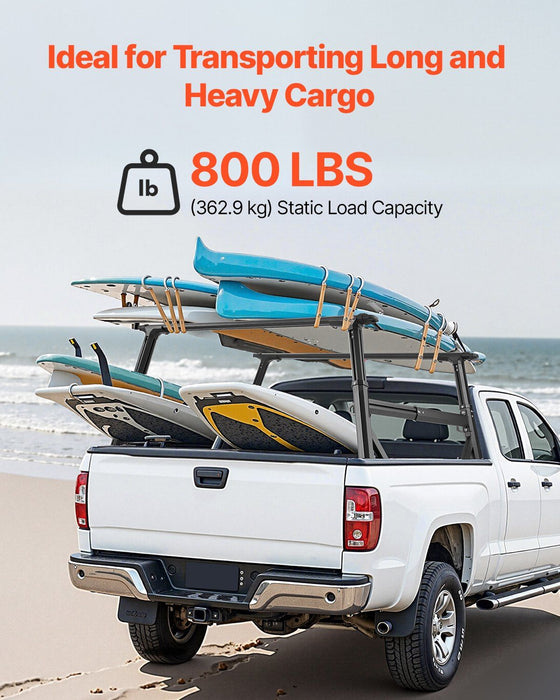 Truck Ladder Rack, 53.3-80.01 cm Height, Adjustable Non-Drilling Aluminum Cargo Rack with Sidebar, 362.9 kg Static Capacity, Ideal for Canoes, Surfboards, Ladders, Lumber, Tents & Large cargo