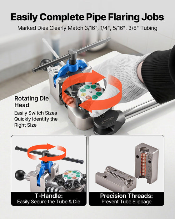 Professional Brake Line Flaring Tool, 45 Degree Double Flare Bubble Flare Tool Kit for 4.76mm, 6.35mm, 7.94mm, 9.52mm Copper Aluminum Thin Steel Tubes