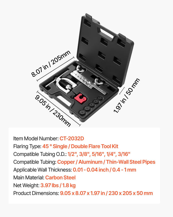 Brake Line Repair Kit, 45° Double & Single Brake Line Flaring Tool Kit, 7.6m x 4.76mm Copper Coated Brake Line (with 16 Fittings & 4 Unions) - Tube Cutter, 5 Adapters and Toolbox Included