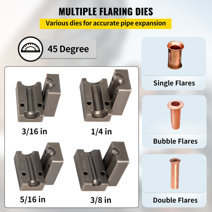 VEVOR Brake Line Flaring Tool, 45 Degree Single, Double, and Bubble Flares for 3/16", 1/4", 5/16" and 3/8" Tube Size, Suitable for Soft Metal of Copper Lines