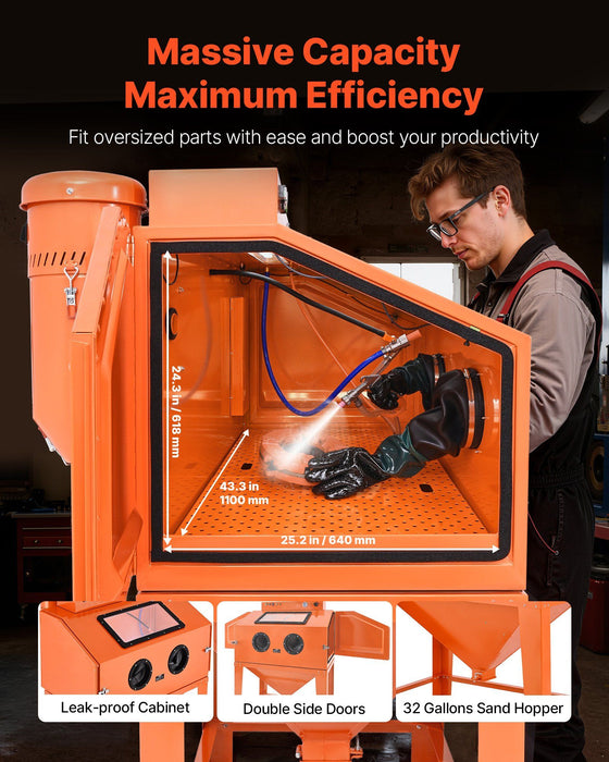 435L Sandblasting Cabinet, Heavy Duty Steel Sand Blaster with Dual Blasting Guns Kit, 117L Media Hopper & 1200W Powerful Dust Collector for Oversized Parts Rust Removal, Surface Finishing