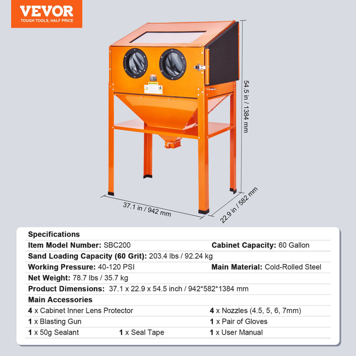 VEVOR 60 Gallon Sand Blasting Cabinet with Stand with Blasting Gun & 4 Nozzles