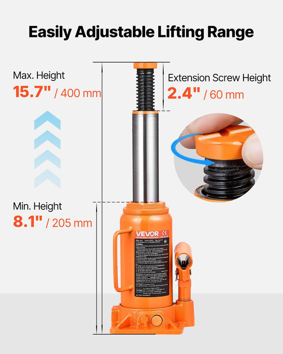 Hydraulic Bottle Jack, 12 Ton (26455.5 lbs) Capacity, 205-400 mm Lifting Range, Heavy Duty Welded Bottle Jack for Car, SUV, Pickup, Auto Repair, House Lift and Agricultural Equipment, Orange
