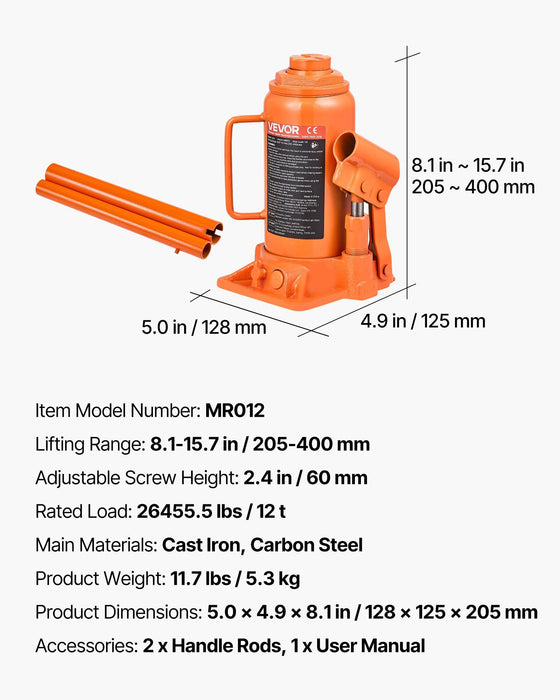 Hydraulic Bottle Jack, 12 Ton (26455.5 lbs) Capacity, 205-400 mm Lifting Range, Heavy Duty Welded Bottle Jack for Car, SUV, Pickup, Auto Repair, House Lift and Agricultural Equipment, Orange