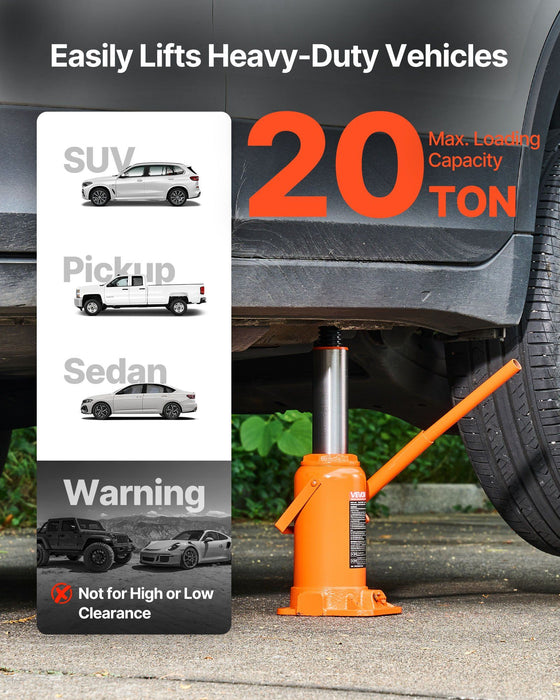 Hydraulic Bottle Jack, 20 Ton (44092 lbs) Load Capacity, 225-435 mm Lifting Range, Heavy Duty Welded Bottle Jack for Car, SUV, Pickup, Auto Repair, House Lift and Agricultural Equipment, Orange