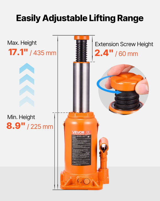 Hydraulic Bottle Jack, 20 Ton (44092 lbs) Load Capacity, 225-435 mm Lifting Range, Heavy Duty Welded Bottle Jack for Car, SUV, Pickup, Auto Repair, House Lift and Agricultural Equipment, Orange