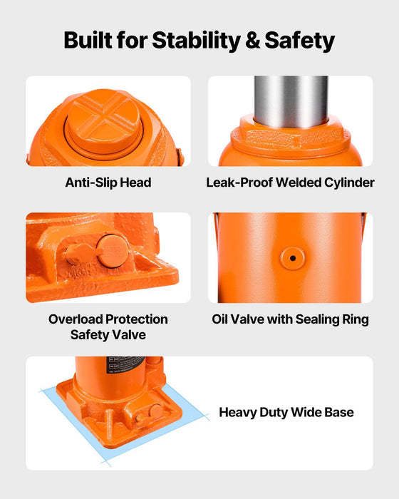 Hydraulic Bottle Jack, 20 Ton (44092 lbs) Load Capacity, 225-435 mm Lifting Range, Heavy Duty Welded Bottle Jack for Car, SUV, Pickup, Auto Repair, House Lift and Agricultural Equipment, Orange