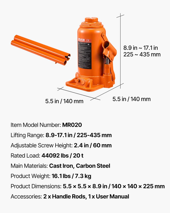 Hydraulic Bottle Jack, 20 Ton (44092 lbs) Load Capacity, 225-435 mm Lifting Range, Heavy Duty Welded Bottle Jack for Car, SUV, Pickup, Auto Repair, House Lift and Agricultural Equipment, Orange