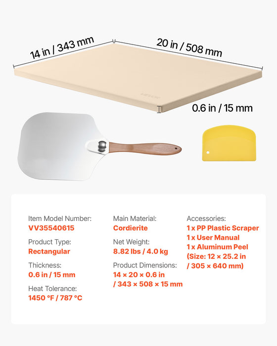 VEVOR Pizza Stone, 508 x 355 mm Rectangular Cordierite Pizza Stone, Extra Large Baking-Stone with Aluminum Peel, 15 mm Thick Heat-Resistant Cordierite, for Oven, Baking Bread & Pizzas, BBQ Grilling