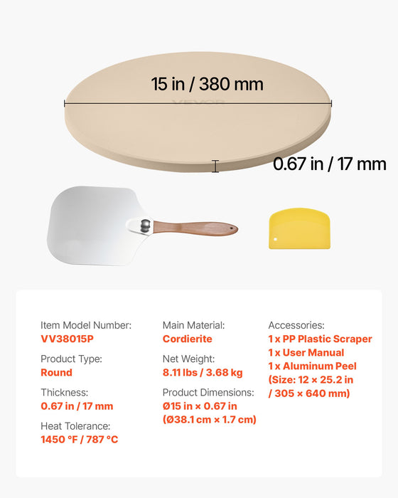 VEVOR Pizza Stone, 381 mm Round Cordierite Pizza Stone, Extra Large Baking-Stone with Aluminum Peel, 17 mm Thickness Heat-Resistant Cooking Cordierite, for Kitchen Oven, Baking Pizzas, BBQ Grilling