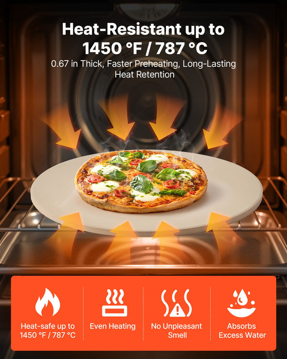 VEVOR Pizza Stone, 406 mm Round Cordierite Pizza Stone, Extra Large Baking-Stone with a Durable Stand, 17 mm Thickness Heat-Resistant Cooking Cordierite, for Kitchen Oven, Baking Pizzas, BBQ Grilling