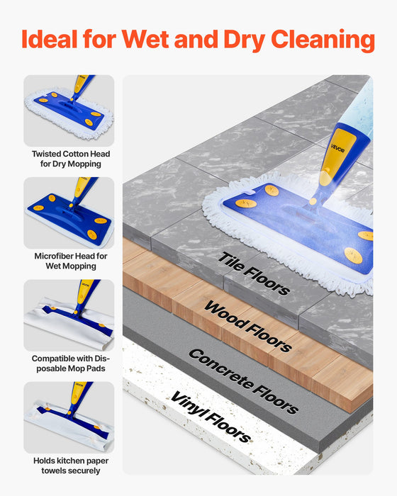 VEVOR Spray Mop, with 3 Washable Pads for Dry and Wet Floor Cleaning & an 800ml Refillable Water Tank, Microfiber Dust Wet Mop & Twisted Cotton Dry Mop, Commercial Home Use for Tiles/Vinyl/Wood Floor