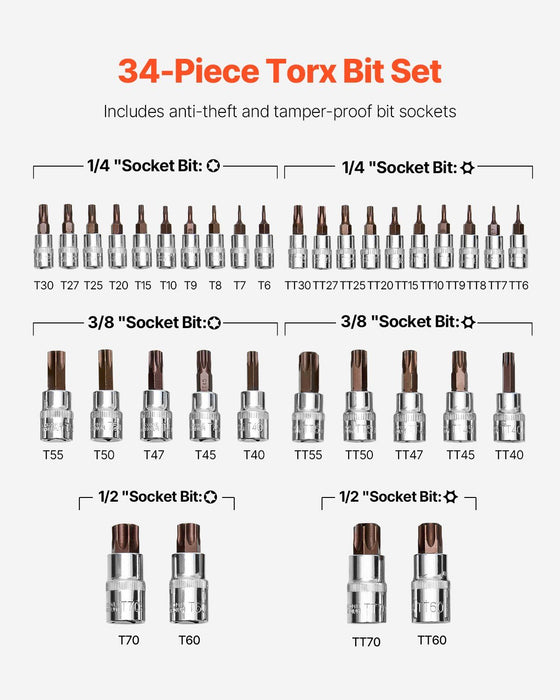Torx Bit Socket Set, 34-Piece Solid Star and Tamper Proof T6-T70, S2 Alloy Steel and Cr-V Steel, 1/4 in, 3/8 in, and 1/2 in Drives, with Enhanced Storage Case, Torx Sockets for Hand Use