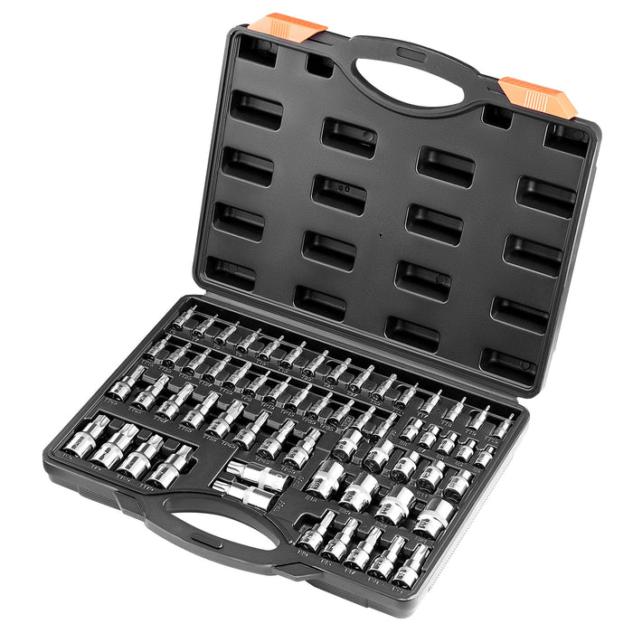 VEVOR Torx Bit Socket and External Torx Socket Set, 60-Piece T6-T70, TT6-TT70, TP8-TP60, E4-E24, S2 Alloy Steel and Cr-V Steel, 1/4 in, 3/8 in, and 1/2 in Drives, with Enhanced Storage Case, Hand Use