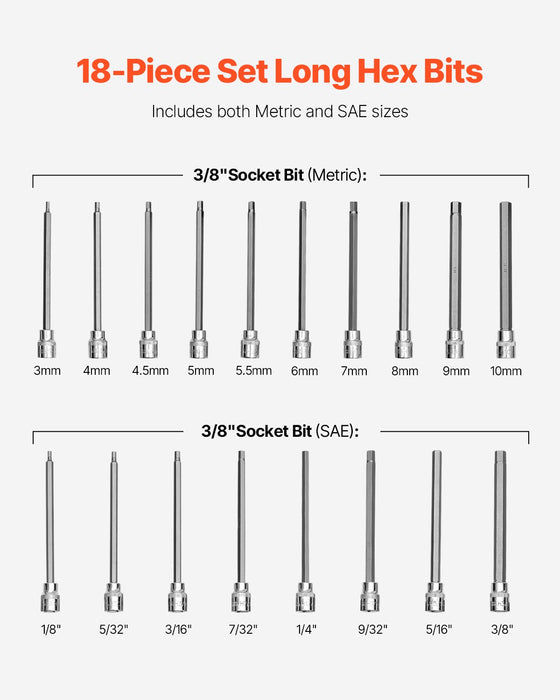 VEVOR Extra Long Allen Hex Bit Socket Set, 18-Piece 3/8 inch Drive, S2 Alloy Steel and Cr-V Steel, Standard SAE and Metric 1/8-Inch-3/8-Inch, 3-12mm, with Enhanced Storage Case, for Mechanics
