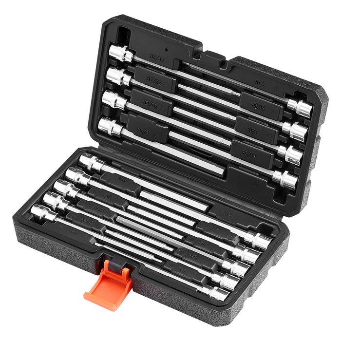 VEVOR Extra Long Allen Hex Bit Socket Set, 18-Piece 3/8 inch Drive, S2 Alloy Steel and Cr-V Steel, Standard SAE and Metric 1/8-Inch-3/8-Inch, 3-12mm, with Enhanced Storage Case, for Mechanics