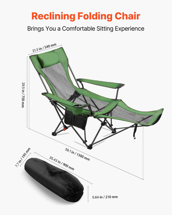 Reclining Camping Chair, 4 Adjustable Positions, Portable Folding Lounger for Adults, Mesh Beach Chair with Headrest & Foot Rest, Supports 220 lbs, Heavy Duty Camp Chairs for Patio, Green