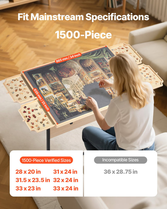 VEVOR 1500 Piece Puzzle Table with Legs, 4 Drawers and Cover, 86x63cm Portable Wooden Board with Wheels, Jigsaw Puzzle Accessories for Adults, Adjustable Height & 5-Tilting-Angle, Gift for Mom