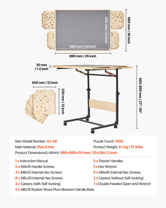 VEVOR 1500 Piece Puzzle Table with Legs, 4 Drawers and Cover, 86x63cm Portable Wooden Board with Wheels, Jigsaw Puzzle Accessories for Adults, Adjustable Height & 5-Tilting-Angle, Gift for Mom