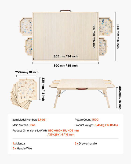 VEVOR 1500 Piece Puzzle Board with Folding Leg Portable Wooden Jigsaw 86x63cm