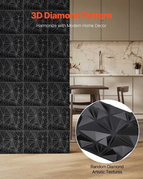 VEVOR 3D Wall Panels, 33-Pack 30 x 30 cm PVC Modern Art Minimalist Diamond Tiles, 2.97 m² Coverage Accent Wall Panel, Interior Home Decor for Ceiling, Bedroom, Living Room, Gaming Room, Matte Black