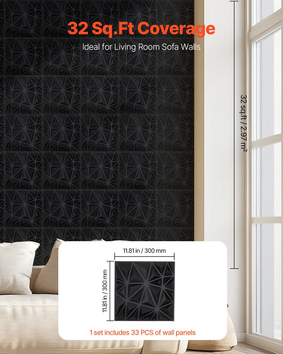 VEVOR 3D Wall Panels, 33-Pack 30 x 30 cm PVC Modern Art Minimalist Diamond Tiles, 2.97 m² Coverage Accent Wall Panel, Interior Home Decor for Ceiling, Bedroom, Living Room, Gaming Room, Matte Black