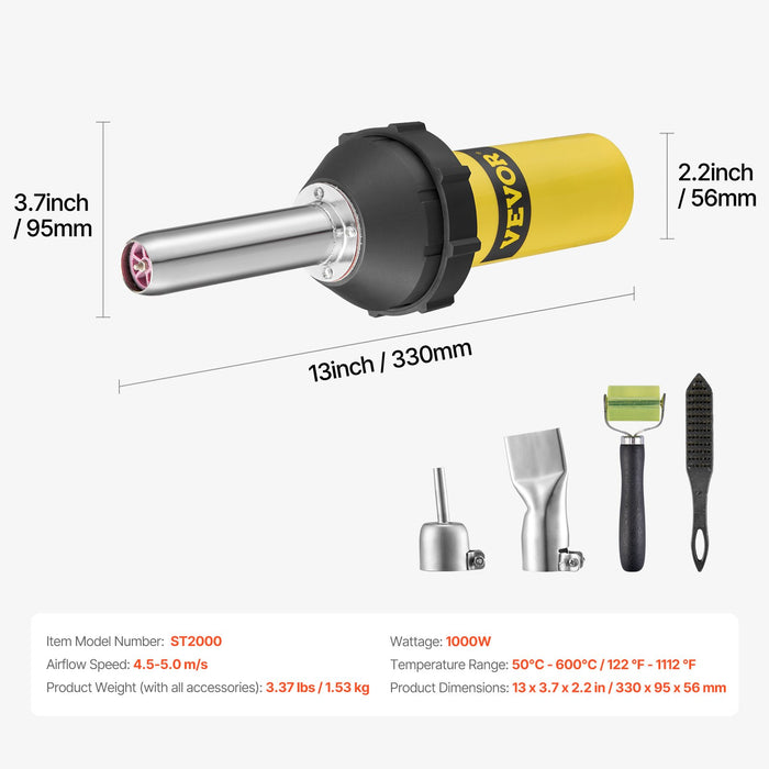 VEVOR Hot Air Plastic Welder, 1000W Hot Air Torch Pistol, 50- 600°C PVC TPO Vinyl Heat Gun Welding Torch, Plastic Welding Kit with 4 Accessories- 2 Nozzles, 1 Seam Roller & Brush for PP/PE/PVC Sheet