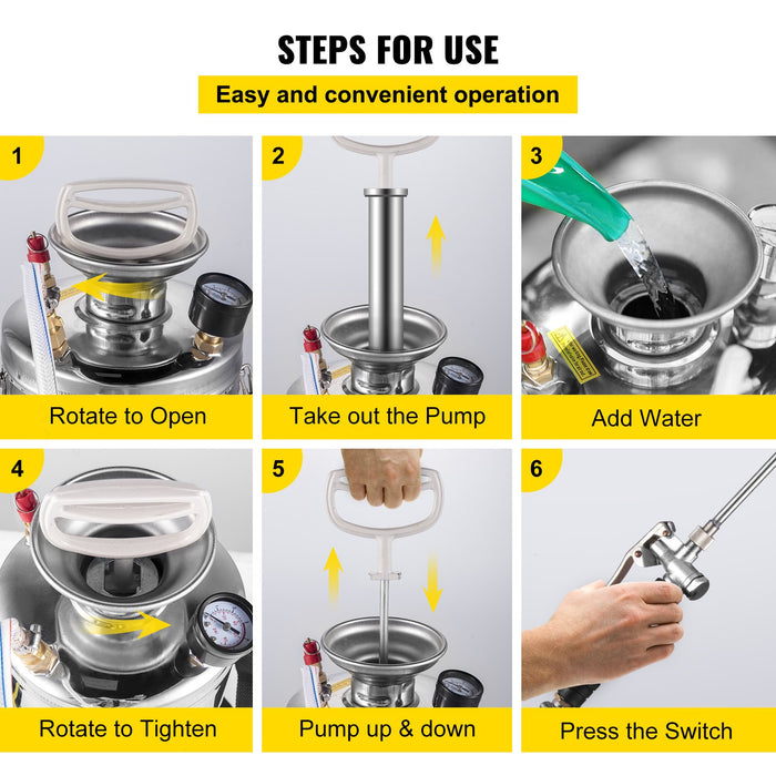 VEVOR 1.5Gal Stainless Steel Sprayer, Set with 16" Wand& Handle& 3.3FT Reinforced Hose, Hand Pump Sprayer with Pressure Gauge&Safety Valve, Adjustable Nozzle Suitable for Gardening& Sanitizing