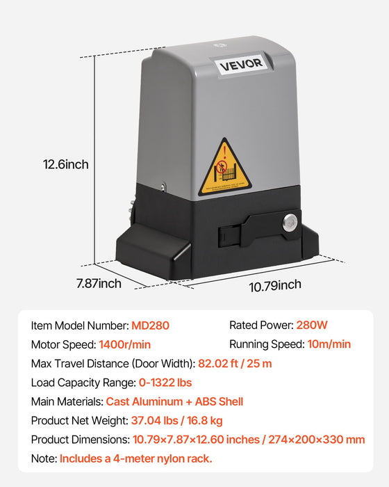 VEVOR 280W Electric Sliding Gate Opener 816kg Chain Drive Infrared Sensor