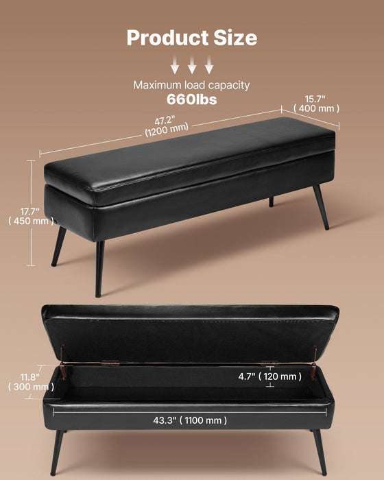 Leather Storage Ottoman Bench, PU Leather Bench with Storage and Metal Legs, Modern Shoe Benches Seat for Entryway, Upholstered End of Bed Benches for Living Room, Dining Room, Hallway, Black