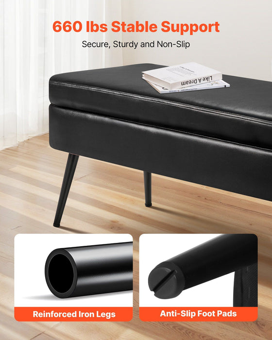 Leather Storage Ottoman Bench, PU Leather Bench with Storage and Metal Legs, Modern Shoe Benches Seat for Entryway, Upholstered End of Bed Benches for Living Room, Dining Room, Hallway, Black