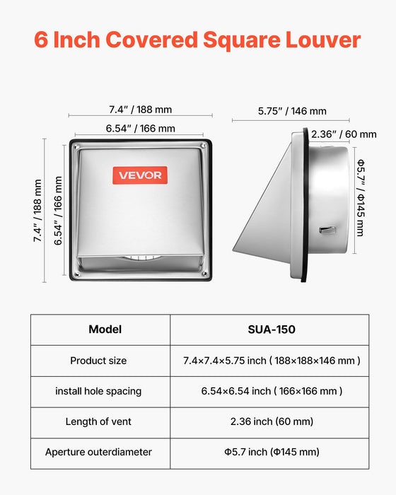 145 mm External Extractor Wall Vent Cover, Square AC Vent Gable Cover, Premium Stainless Steel & with Built-in a Protection Screen, for House,Bathroom,Garage,Kitchen,Basement (1 Pack, Silver)
