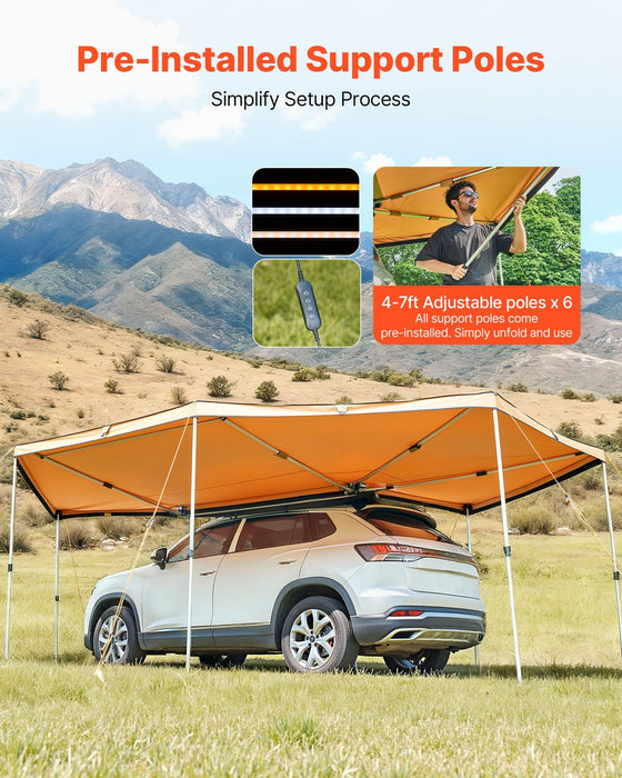 270 Degree Awning with Bulit-in LED Lights, 10.9 ㎡ Driver Side Vehicle Awning, Waterproof UV50+ Car Side Awnings, All-Weather Free-Standing Overland Awnings Car Shelter for SUV Truck Camping