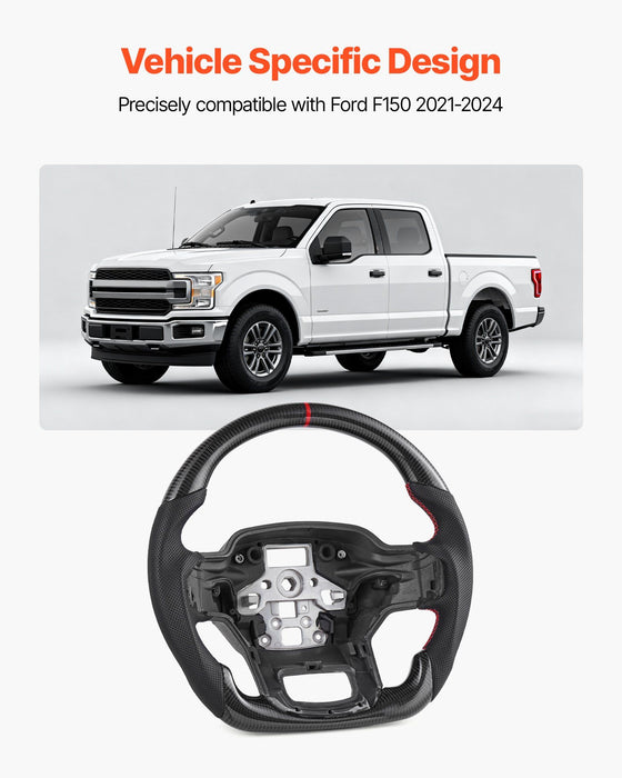 Steering Wheel for 2021-2024 Ford F150, Carbon Fiber Steering Wheel D-Shaped Flat-Bottom, Leather Grip with Non-Slip Texture & Precise Stitching, Accessories Replacement for Ford F150, Black