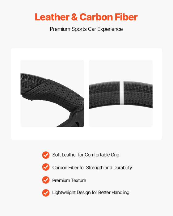 Steering Wheel for 2010-2014 Ford Mustang, Carbon Fiber Steering Wheel D-Shaped Flat-Bottom, Leather Grip with Non-Slip Texture & Precise Stitching, Accessories Replacement for Mustang, Black