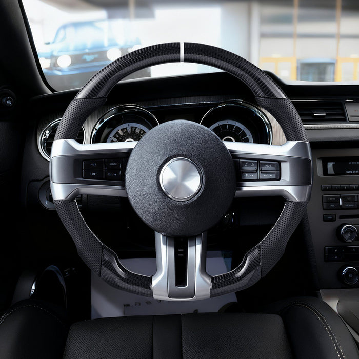Steering Wheel for 2010-2014 Ford Mustang, Carbon Fiber Steering Wheel D-Shaped Flat-Bottom, Leather Grip with Non-Slip Texture & Precise Stitching, Accessories Replacement for Mustang, Black