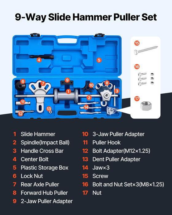 9-Way Slide Hammer Puller Set, 15PCS Front Wheel Hub Bearing Remover & Rear Wheel Axle Hub Dent Shaft Puller Tool Kit, Axle Bearing Puller Tool Kit and Slide Hammer Remover Set with Carry Box
