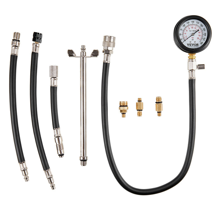 VEVOR Compression Tester Adapter Kit, 9 Pcs Automotive Engine Cylinder Leak Down Compression Test, Accurate Dual Scale Pressure Gauge 0-300 psi, with Long Reach Hoses and Case for Engine Cylinders
