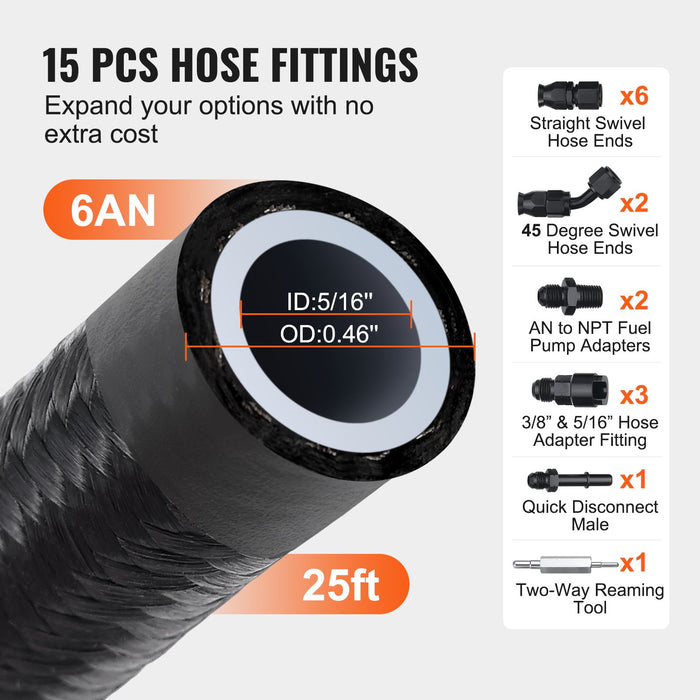 VEVOR 6AN Fuel Line Kit, 7.62 m Fuel Hose Kit, Nylon Stainless Steel Braided PTFE Fuel Line Kit, E85/Oil/Gas/Diesel Hose End Fitting Kit, with 15 PCS Swivel Fitting Adapter Kit, Black