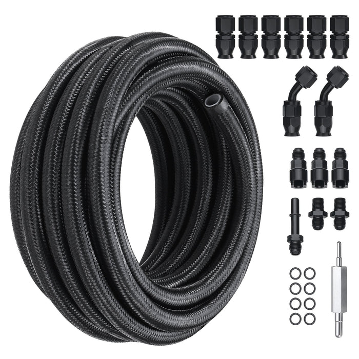 VEVOR 6AN Fuel Line Kit, 7.62 m Fuel Hose Kit, Nylon Stainless Steel Braided PTFE Fuel Line Kit, E85/Oil/Gas/Diesel Hose End Fitting Kit, with 15 PCS Swivel Fitting Adapter Kit, Black