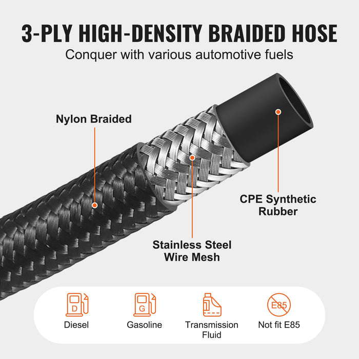 VEVOR 10AN Fuel Line Kit, 3.05 m Fuel Hose Kit, 1.4 cm Nylon Stainless Steel Braided Fuel Line Oil/Gas/Diesel Hose End Fitting Kit, with 7 PCS Swivel Fitting Adapter Kit, Black