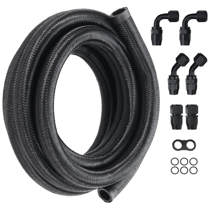 VEVOR 10AN Fuel Line Kit, 3.05 m Fuel Hose Kit, 1.4 cm Nylon Stainless Steel Braided Fuel Line Oil/Gas/Diesel Hose End Fitting Kit, with 7 PCS Swivel Fitting Adapter Kit, Black