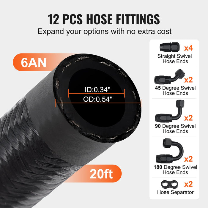VEVOR 6AN Fuel Line Kit, 6.1 m Fuel Hose Kit, 0.86 cm Nylon Stainless Steel Braided Fuel Line Oil/Gas/Diesel Hose End Fitting Kit, with 12 PCS Swivel Fitting Adapter Kit, Black
