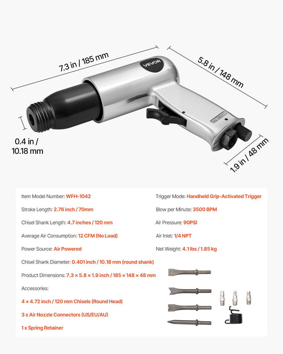 Air Hammer, 3500BPM Pneumatic Hammer with 70mm Stroke & 4PCS Chisels Round Shank, Pistol-Grip Compact Air Chisel Pneumatic Shovel Tool for Cutting Punching Scraping