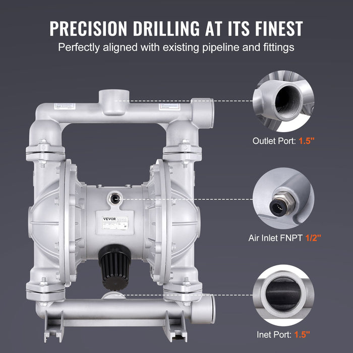 VEVOR Air Operated Double Diaphragm Pump, 44GPM, Max 115PSI Air Waste Oil Pneumatic Transfer Pump with 2 Extra Diaphragms, 3.8cm Inlet & Outlet Aluminum Alloy Diaphragm Pump for Diesel Grease Oil