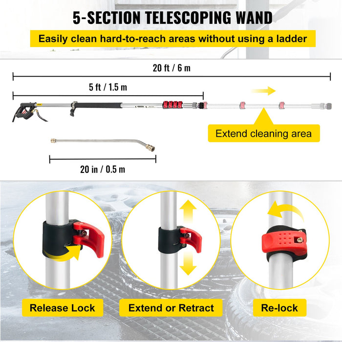 VEVOR Telescoping Pressure Washer Wand, 20 ft 5-Section Length Adjustable, Max. 4000 PSI Fit for 3/8'' Quick Connection, 5 Spray Nozzles, Belt, for Roof, Fence, Gutter, Silver