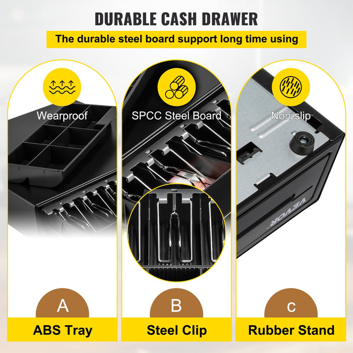 VEVOR Cash Register Drawer, 16" 12 V, for POS System with 5 Bill 6 Coin Cash Tray, Removable Coin Compartment & 2 Keys Included, RJ11/RJ12 Cable for Supermarket, Bar, Coffee Shop, Restaurant