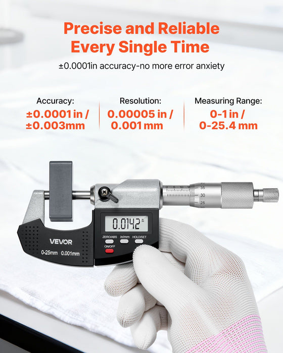 Micrometer Set, Digital Outside Micrometer 0-25.4 mm Measuring Range, 0.001 mm Resolution, Ultra-Precision Accuracy, LCD Screen, in/mm Switch, Carbide Tip, with Protective Case